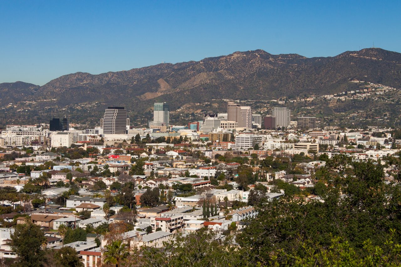 Downtown Glendale and the San Gabriel foothills seen from Forest Lawn hillside, California