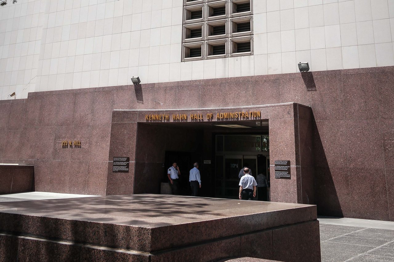 Entrance of the Kenneth Hahn Hall of Administration, a Los Angeles County government building in the downtown Civic Center