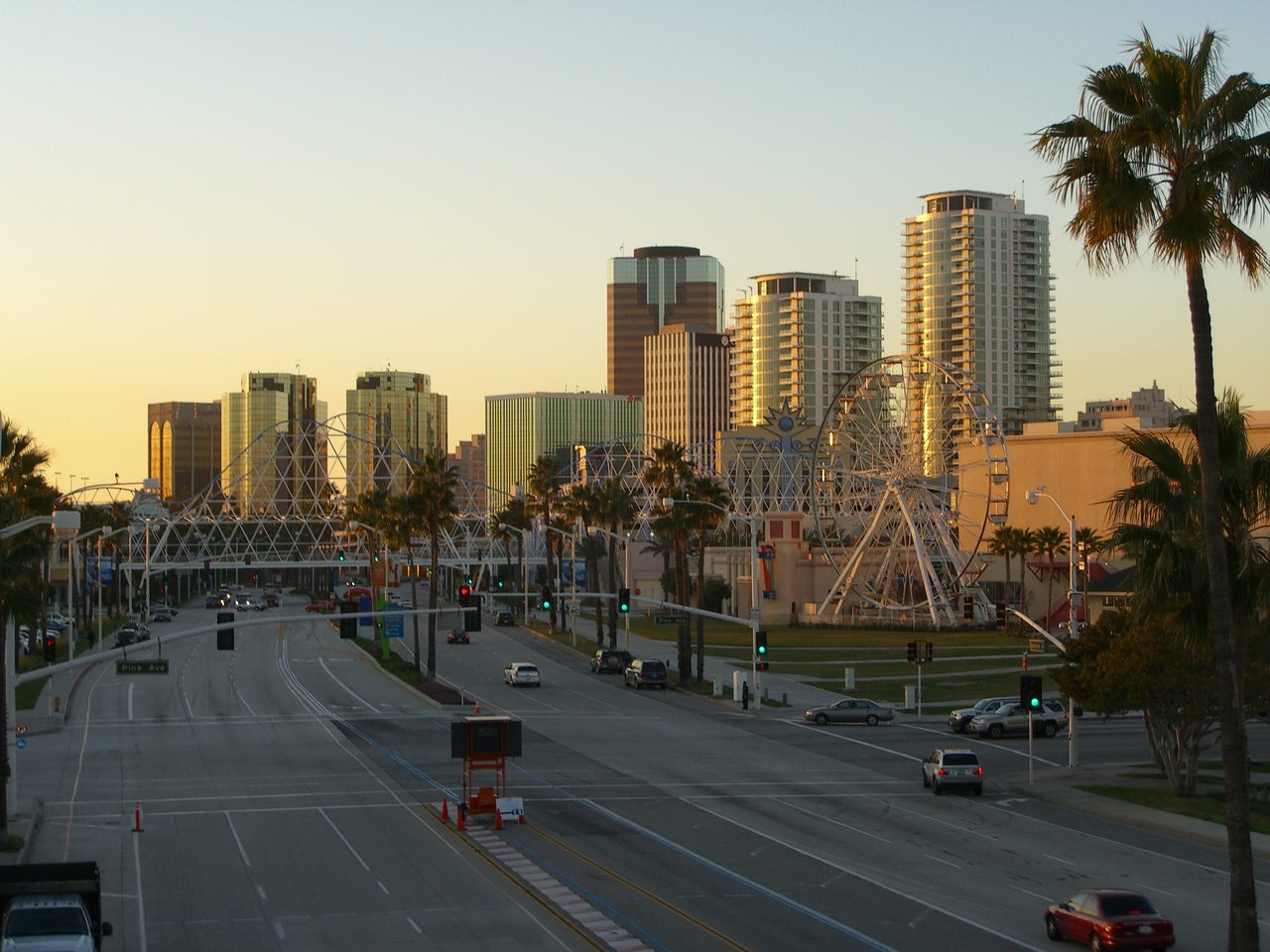 Palm-lined boulevard and downtown towers in Long Beach, California