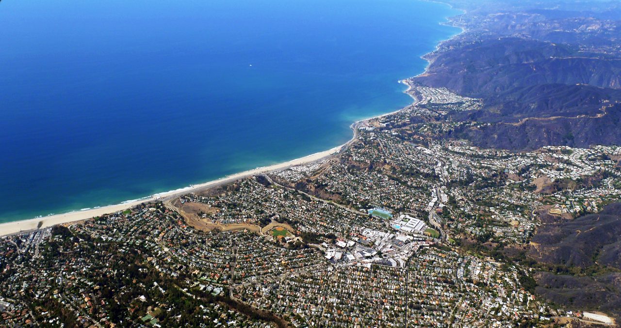 Aerial view of Pacific Palisades homes and the Pacific coastline, California